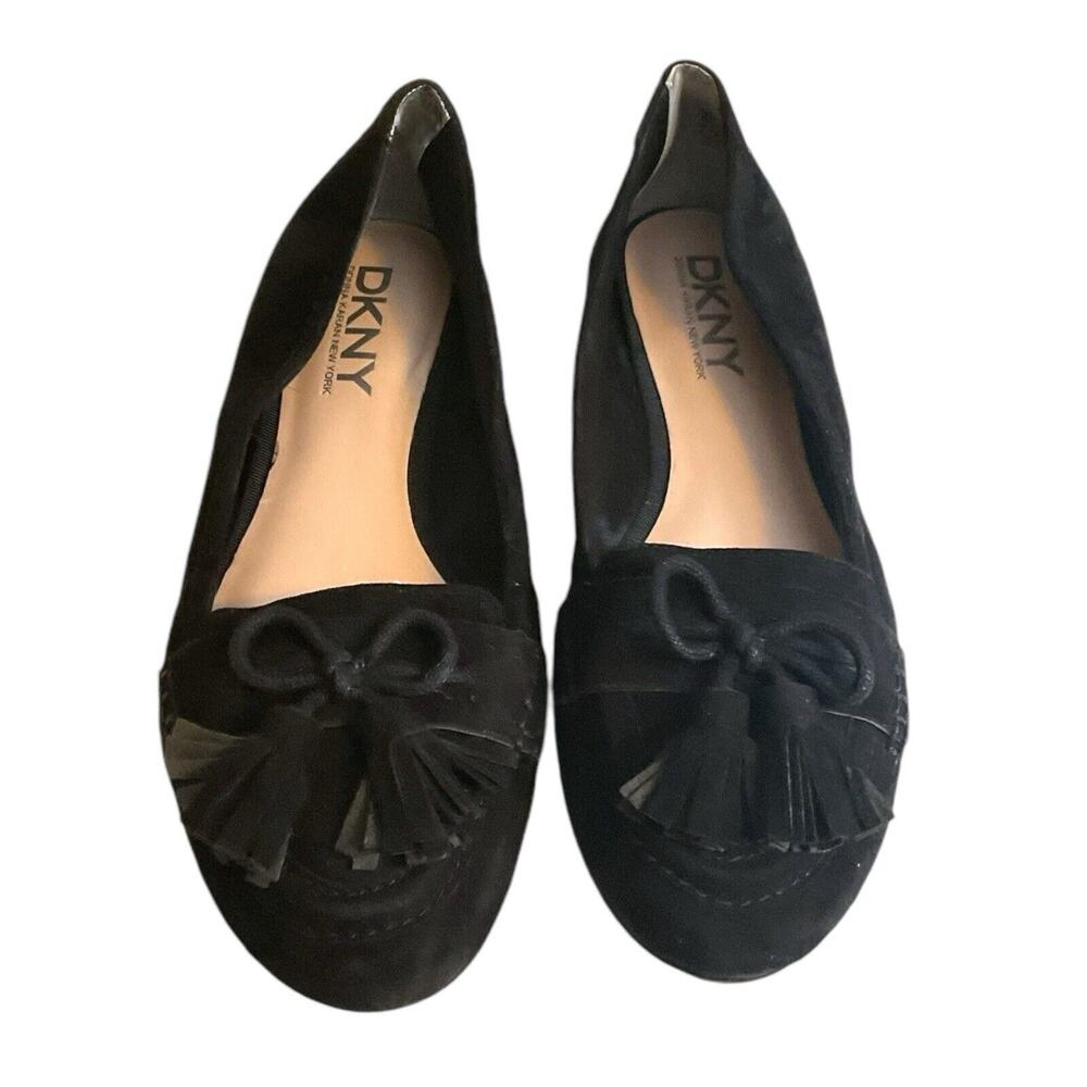 DKNY Loafer Shoes Womens Aralyn Black Suede Tassels‎ Kilt Slip On Comfy- 7.5M